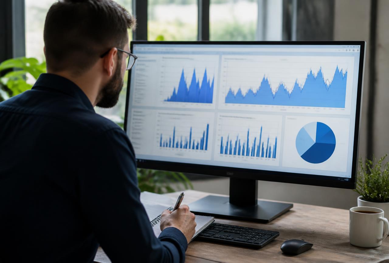 Performance dashboards showing campaign growth metrics